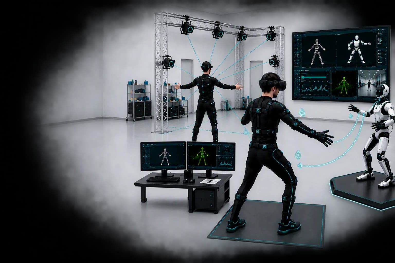 Tracking Day – Tracking-Labor mit Person im Motion-Capture-Anzug und humanoidem Roboter
